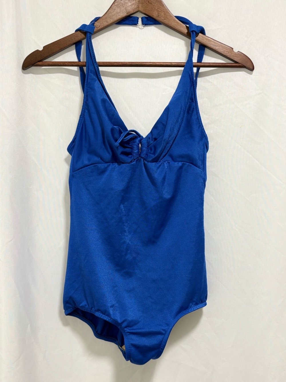 Maxine of Hollywood Blue One Piece Swimsuit Open Back Smooth Front Size 14
